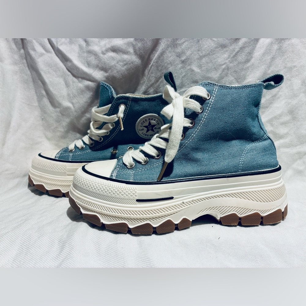 Denim High-Top Sneakers with White Laces, Lug Soles, Platforms, sz JP225/US 5 - Picture 3 of 12